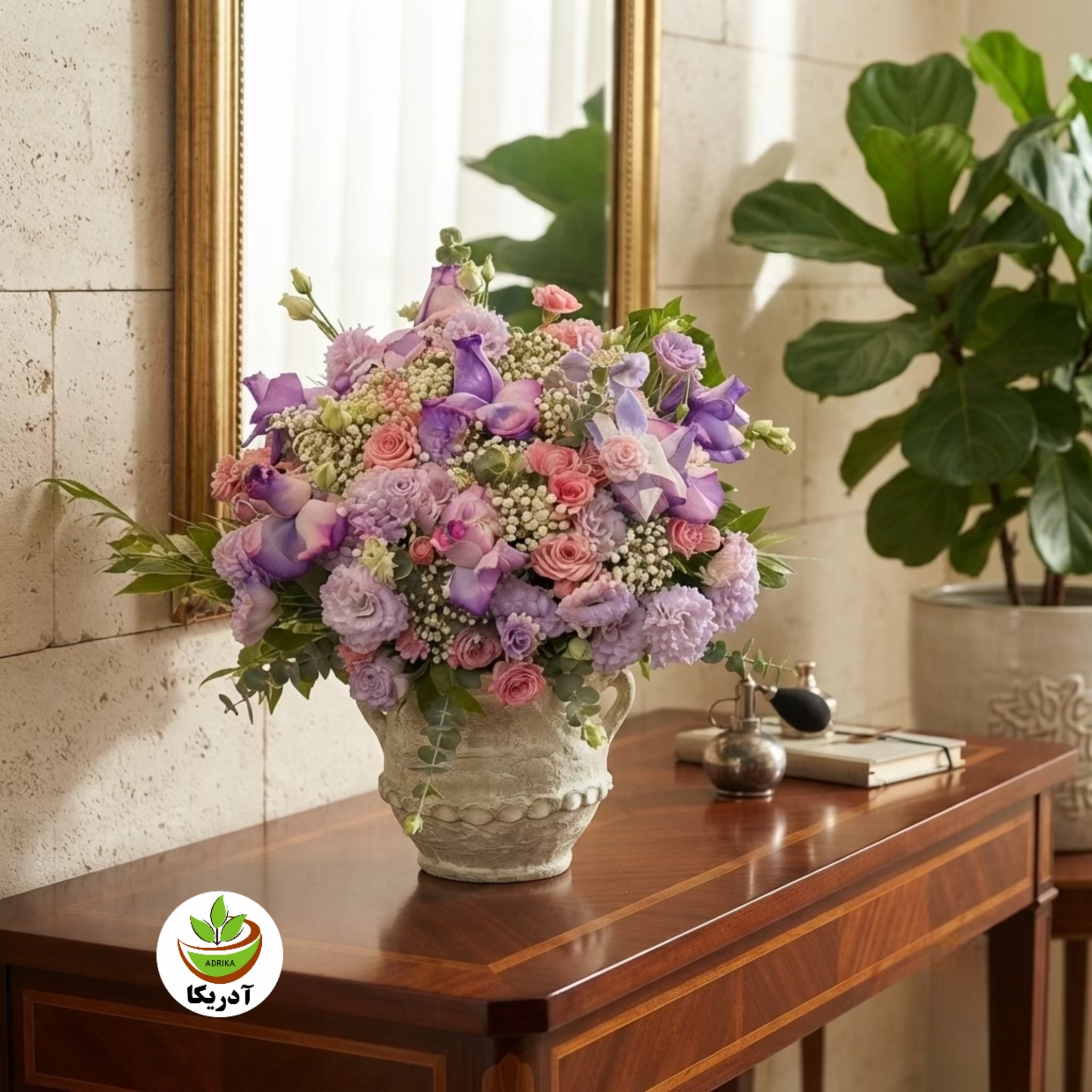 دسته گل طبیعی با گلدان سفالی پتینه