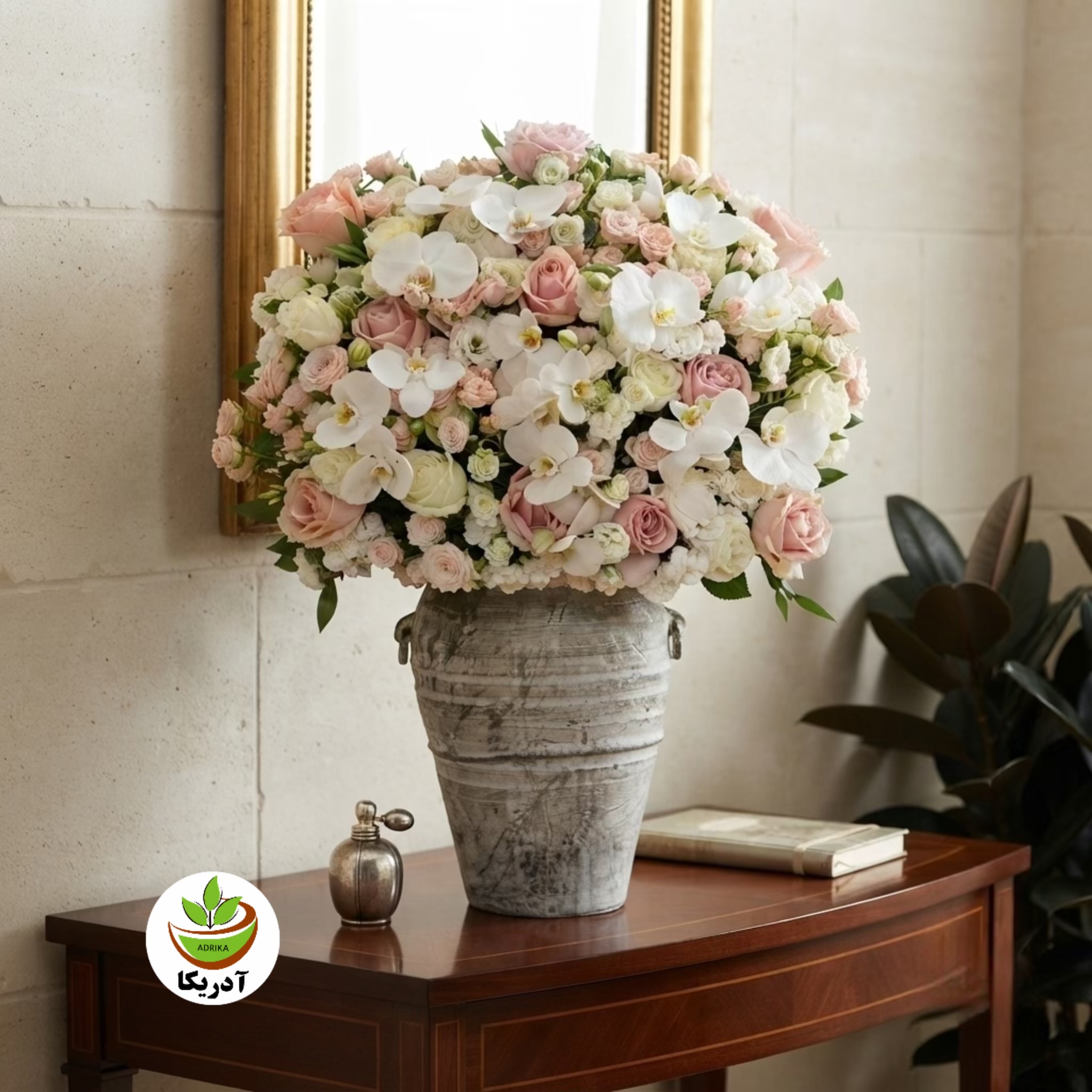 دسته گل طبیعی با گلدان سفالی پتینه ای
