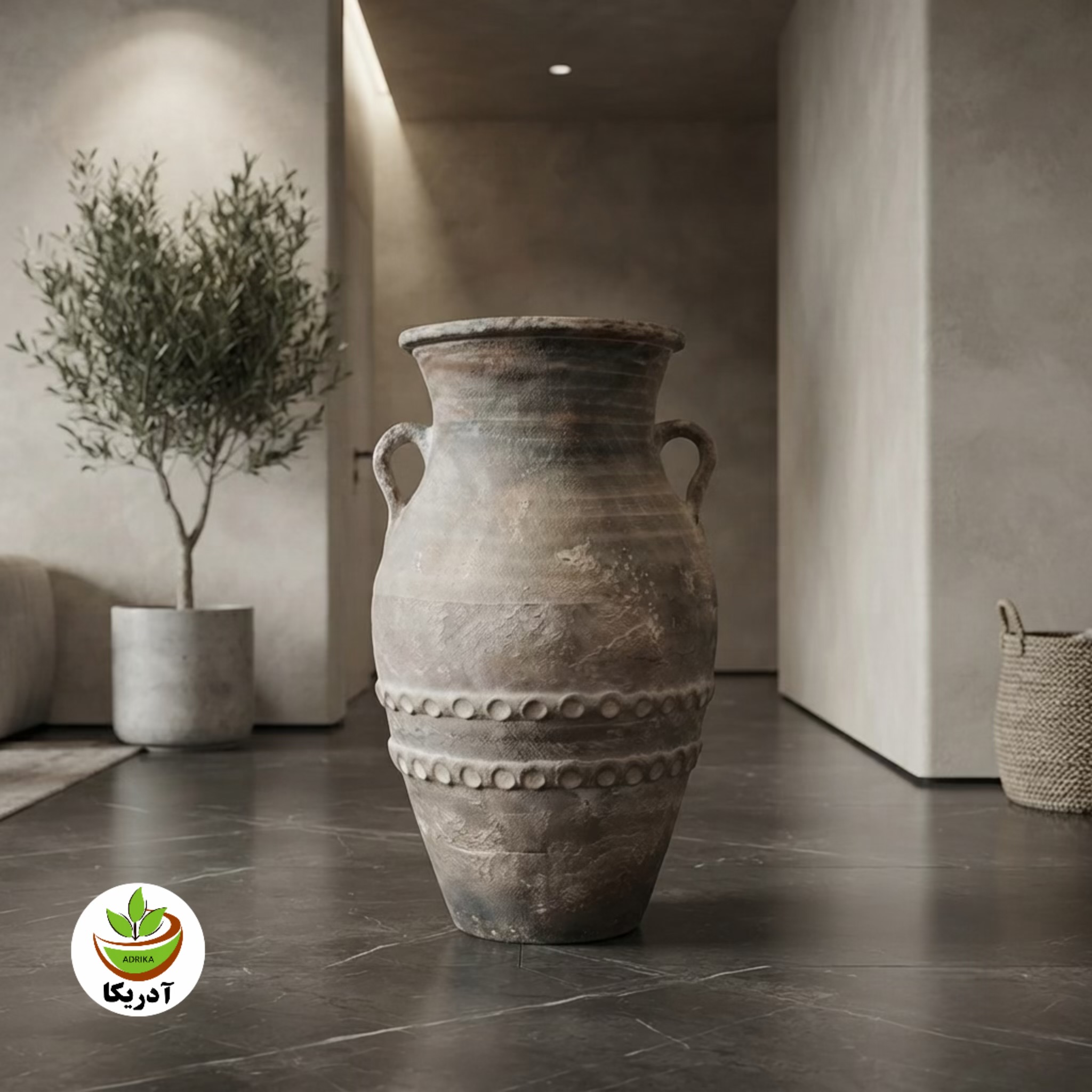 گلدان سفالی مدل پتینه کاری شده خمره ای