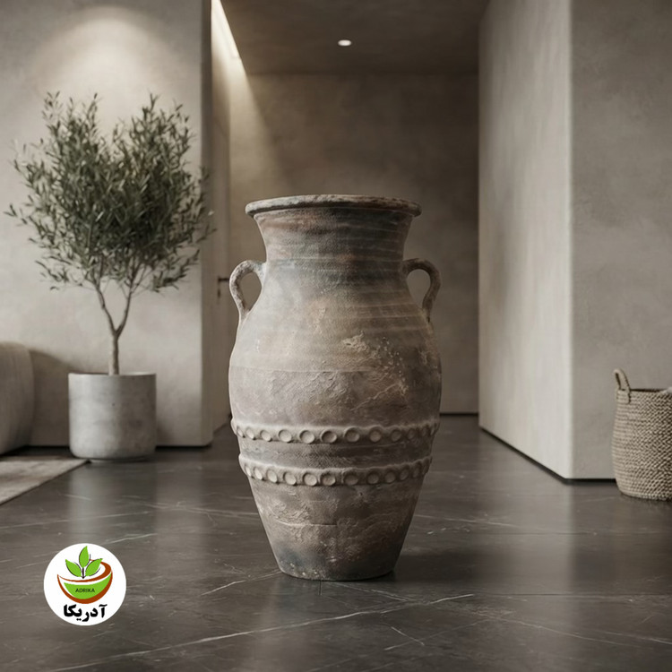 گلدان سفالی مدل پتینه کاری شده خمره ای